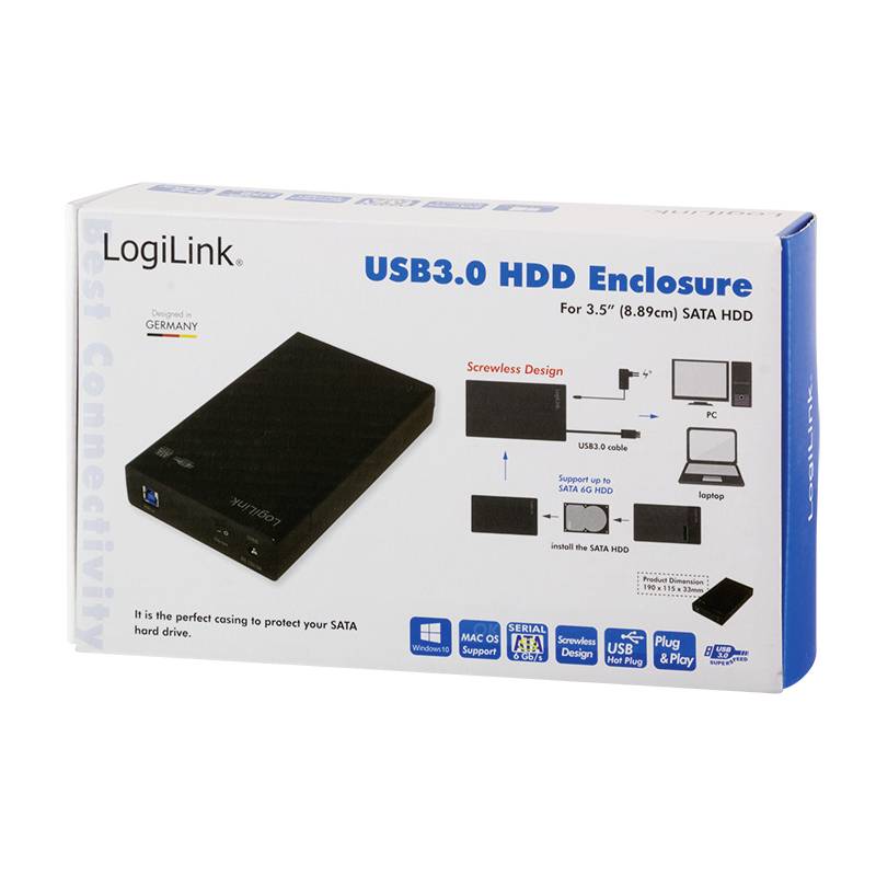 Externe Festplattengehäuse von LogiLink für 3,5 Zoll SATA HDDs, USB 3.0, schraubenloses Design, kompatibel mit PC und Mac.