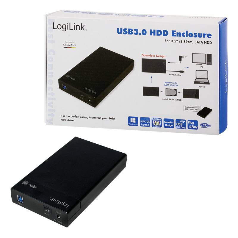 Externe Festplattengehäuse-Verpackung mit Abbildung des Produkts, Details zu USB 3.0, Schraubendesign und Kompatibilität mit PC und Mac.