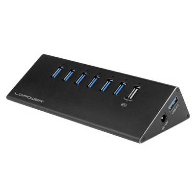USB-Hub mit sieben Ports, davon sechs USB 3.0 und ein schnelles Ladegerät. Schwarzes, leicht geneigtes Design mit Netzanschluss.