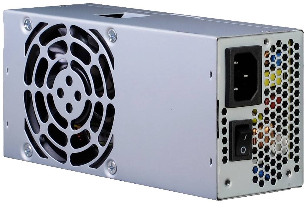 Metallisches Computer-Netzteil mit Lüfter, Ein-/Aus-Schalter und Stromanschluss sichtbar.