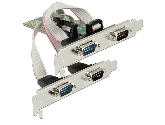 'Computerkarte mit zwei Anschlussmodulen, jeweils mit zwei COM-Anschlüssen. Verbindungskabel und grüne Schaltplatine sichtbar.'