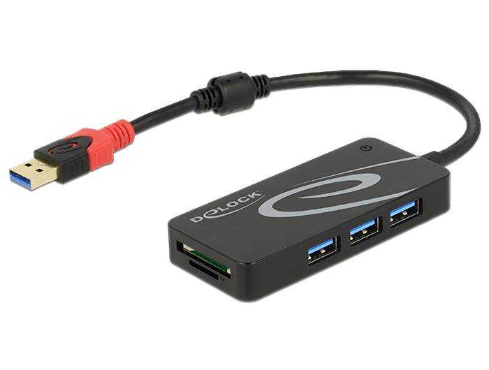 'USB-Hub mit drei USB-Anschlüssen und einem Speicherkartensteckplatz, verbunden mit einem schwarzen USB-Kabel.'