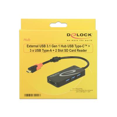 'Verpackung eines USB-Hubs mit 3 USB-A-Anschlüssen und 2 SD-Kartensteckplätzen, kompatibel mit USB-C, abgebildet auf gelbem Hintergrund.'