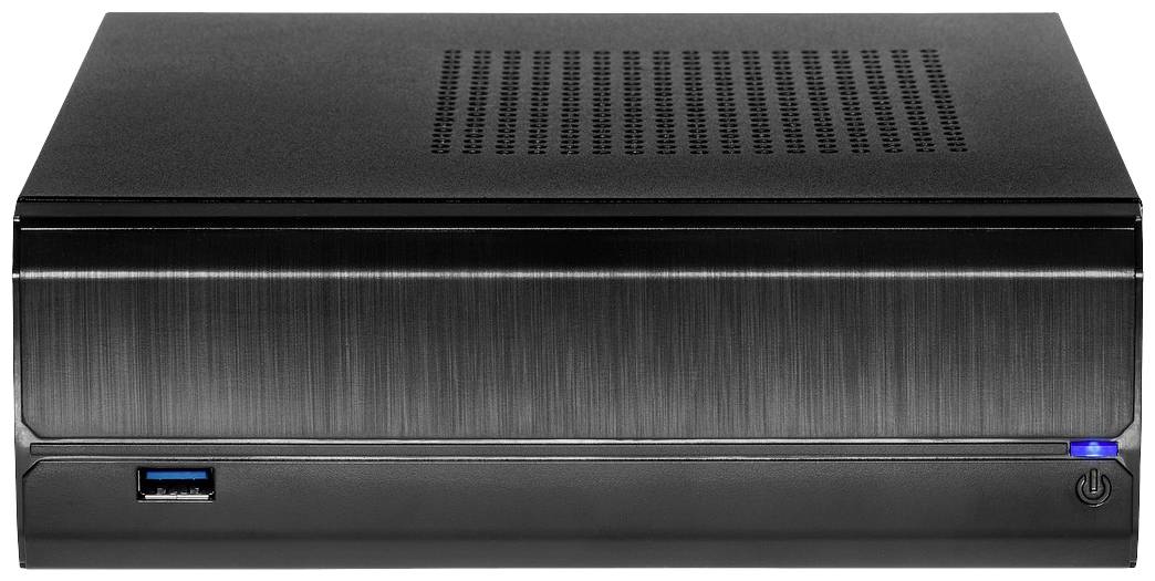 Ein kompakter schwarzer Mini-PC mit USB-Anschluss und beleuchtetem Einschaltknopf auf der Vorderseite.