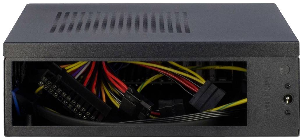 Ein schwarzes Computergehäuse mit geöffnetem Frontpanel, sichtbar sind bunte Kabel und Anschlüsse im Inneren.