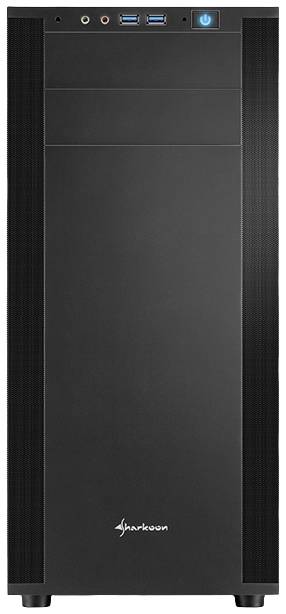 Ein schwarzes Computergehäuse mit Frontanschlüssen für Audio und USB, sowie einer blauen Leuchttaste. Markenlogo unten.