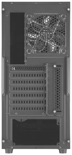 Rückansicht eines Computergehäuses mit Lüfter oben, mehreren Erweiterungssteckplätzen und Platz für Anschlüsse unten.