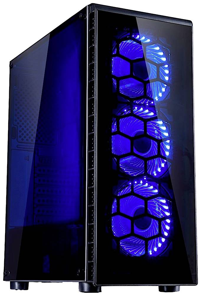 Ein schwarzes Computergehäuse mit blauer LED-Beleuchtung und drei sichtbaren Lüftern an der Vorderseite.