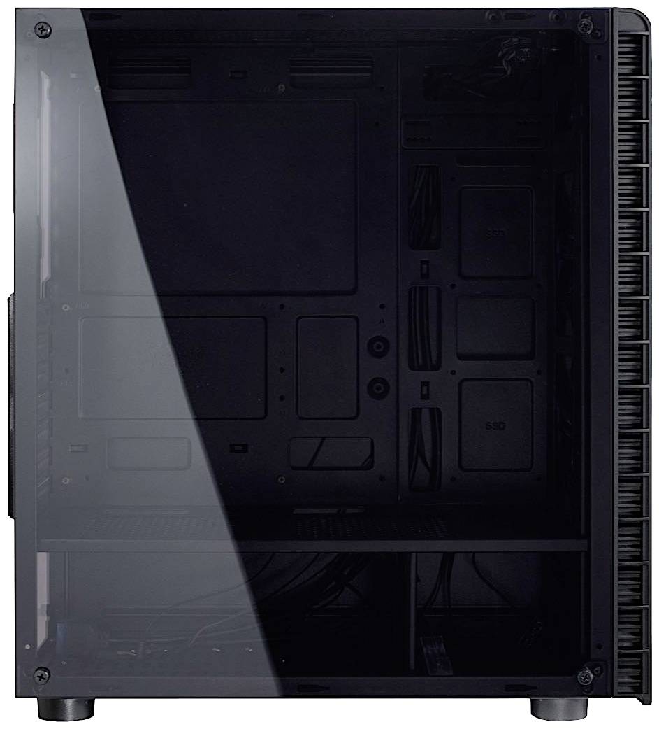 Schwarzes, leeres PC-Gehäuse mit transparentem Seitenfenster, sichtbarem Innenraum zur individuellen Computerinstallation.