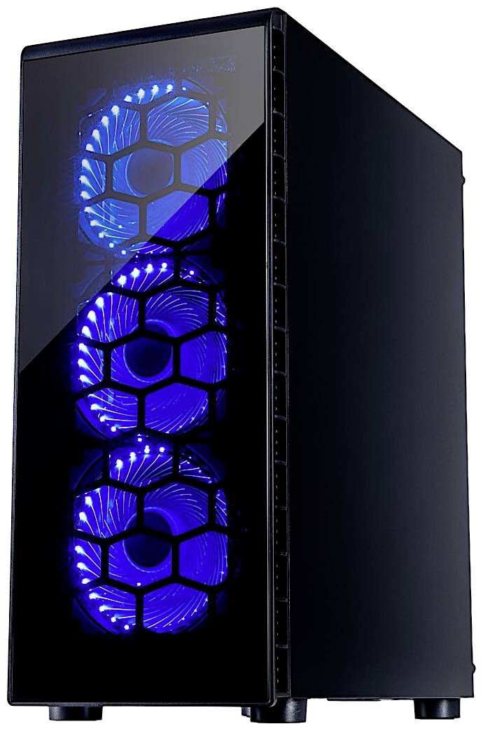 Schwarzes Computergehäuse mit leuchtenden blauen LEDs an der Vorderseite, die Lüfter in Wabenstruktur beleuchten.