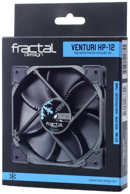 Verpackung eines Fractal Design Venturi HP-12 Lüfters, 120 mm, für Computergehäuse. Hohe Leistung und Druck mit PWM-Funktion.