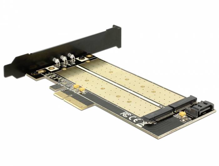 PCIe-Adapterkarte mit zwei M.2-Steckplätzen für NVMe-SSDs, geeignet zur Erweiterung der Speicherkapazität eines Computers.