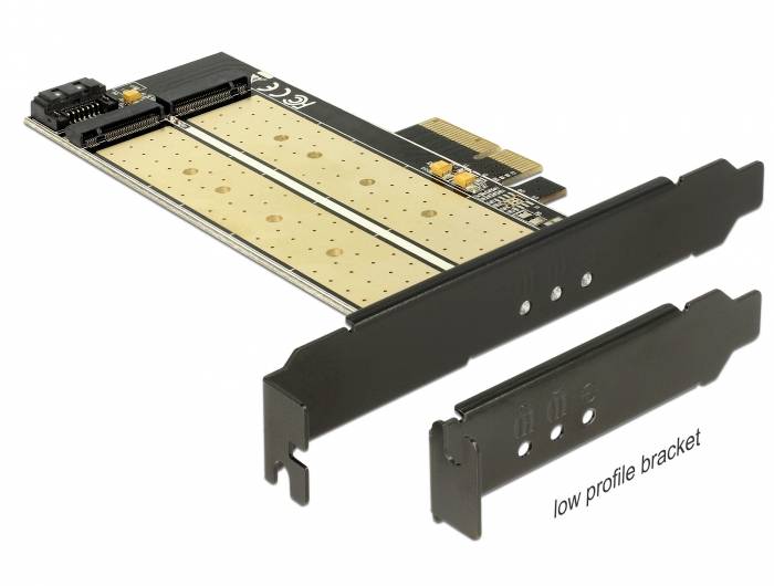PCIe-Karte zur Installation von zwei M.2-NVMe-SSDs, mit Standard- und Low-Profile-Halterung für unterschiedliche Gehäusegrößen.