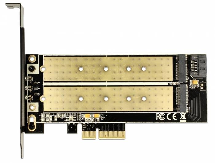 Adapterkarte mit PCIe-Anschluss für NVMe SSDs, ermöglicht den Anschluss von zwei M.2-Laufwerken. Enthält einen Kühlkörperbereich.