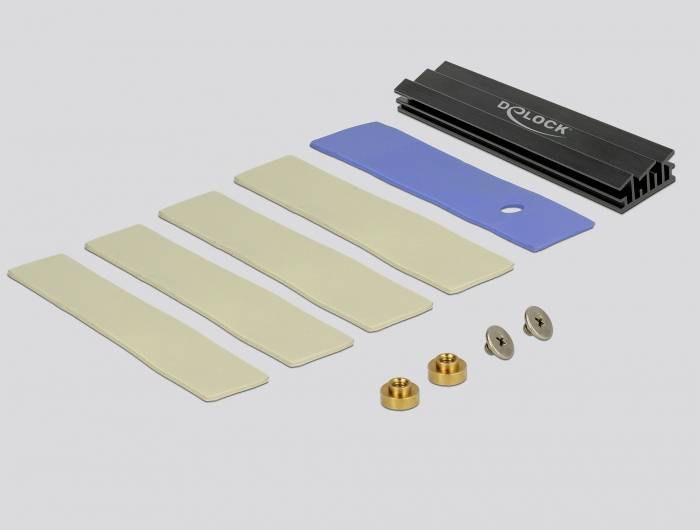 Vier beige Plastikstreifen, ein blauer Gummistreifen, zwei Messingmuttern, zwei kleine silberne Schrauben und ein schwarzes "D-LOCK"-Teil auf grauem Hintergrund.