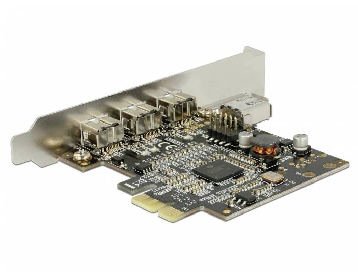 PCI-Express-Erweiterungskarte mit vier USB-Anschlüssen und elektronischen Bauteilen.