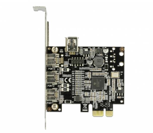 'PCIe-Karte mit drei USB-Anschlüssen (Port 1, Port 2, Port 3) und einem quadratischen schwarzen Chip, für Computererweiterung.'