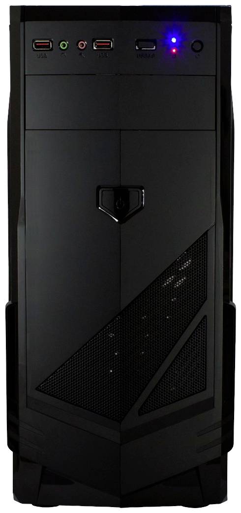 Schwarzes Computergehäuse mit USB-Anschlüssen und Audioanschlüssen oben. Ein- und Ausschaltknopf vorne.