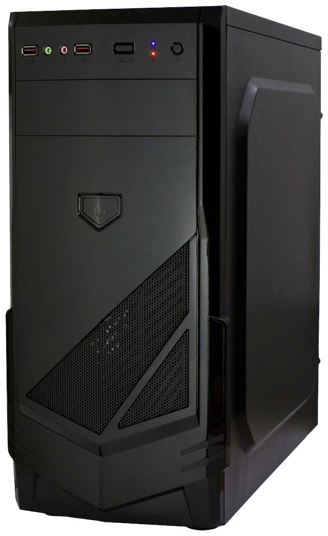 Ein schwarzes Computergehäuse mit mehreren Anschlüssen oben, geeignet für den Bau eines Desktop-Computers.