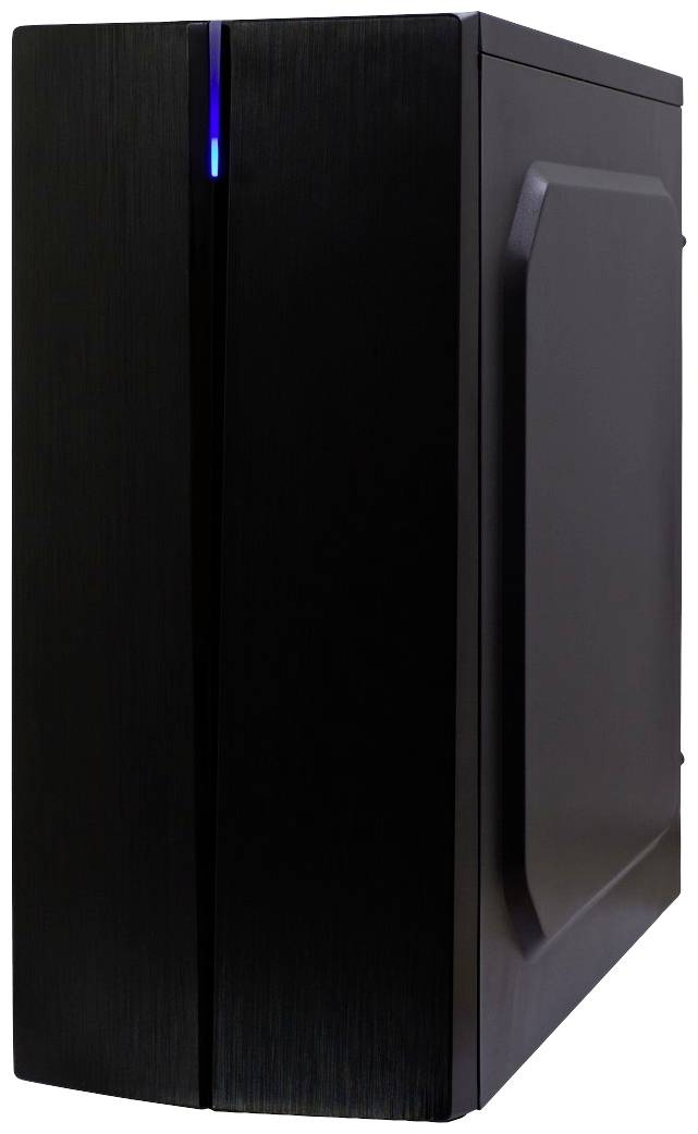 Schwarzes PC-Gehäuse mit blauer LED-Leuchte an der Vorderseite, isoliert auf weißem Hintergrund.