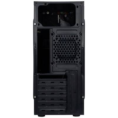 Das Bild zeigt die Rückseite eines schwarzen Computergehäuses mit mehreren Lüftungsschlitzen und Erweiterungssteckplätzen.