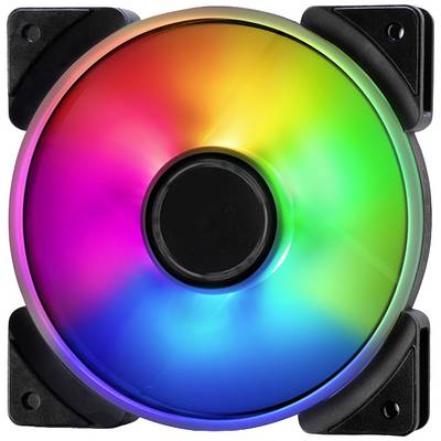 Ein Computerlüfter mit bunten, wirbelnden RGB-Leuchten in den Farben Rot, Gelb, Grün, Blau und Violett.