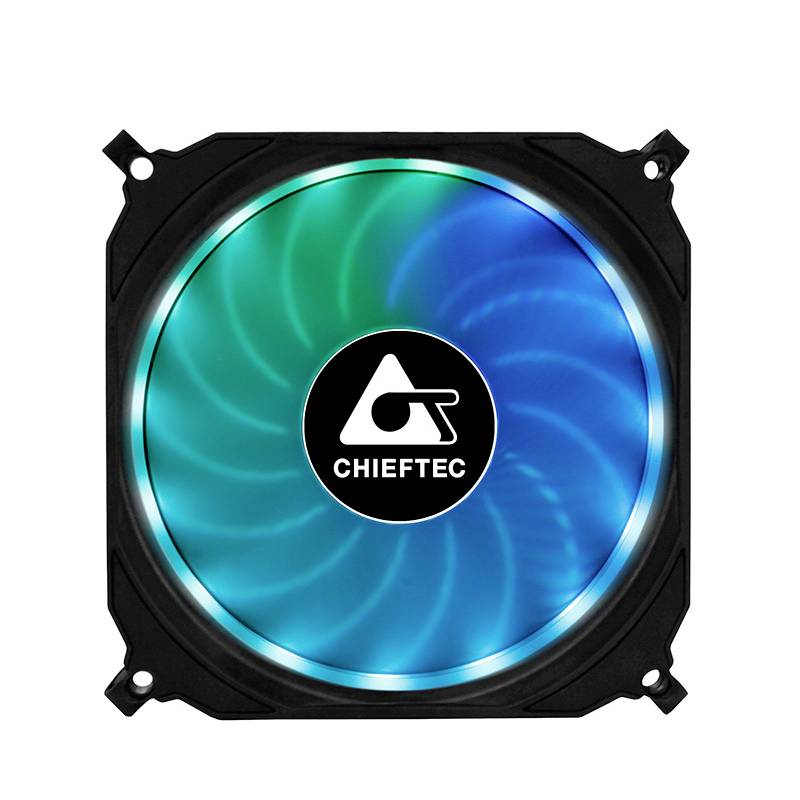 Ein blau leuchtender Computerlüfter mit dem Aufdruck 'CHIEFTEC' in der Mitte. Der Lüfter hat ein modernes, kreisförmiges Design.