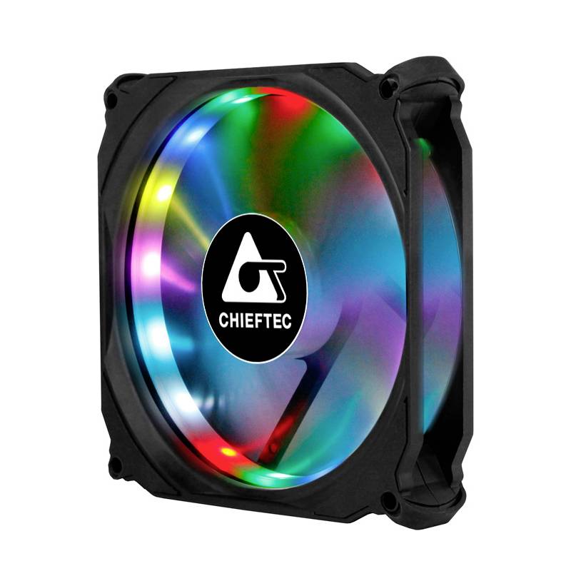 Kühlerlüfter von Chieftec mit bunten LED-Lichtern in einem spiralförmigen Muster, zeigt eine dynamische und farbenfrohe Beleuchtung.
