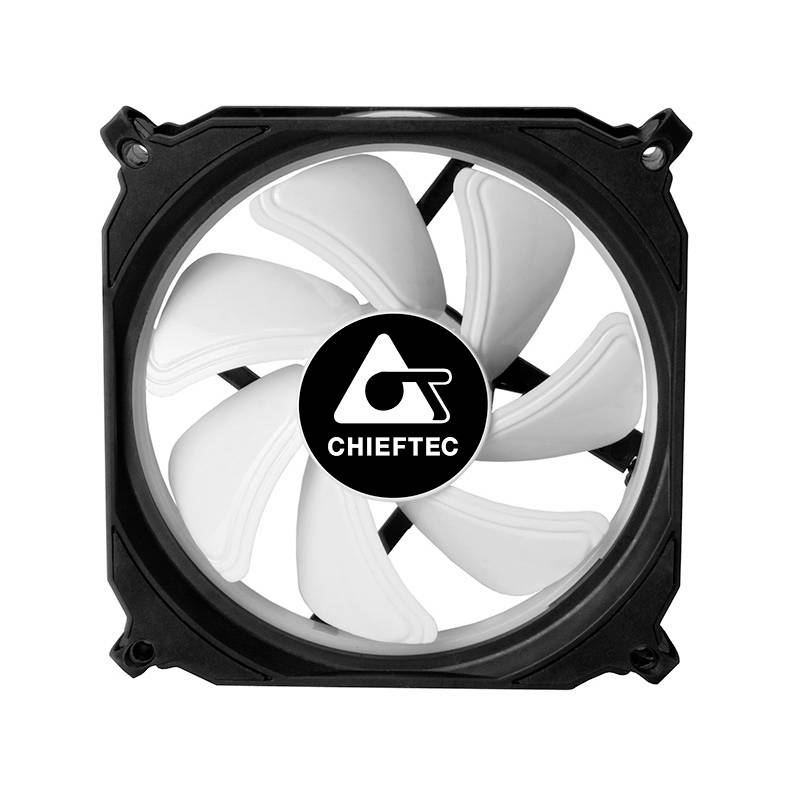 Schwarzer Computerlüfter mit weißem Drehrotor, zentralem Logo 'Chieftec'. Verwendet zur Kühlung in PCs. 