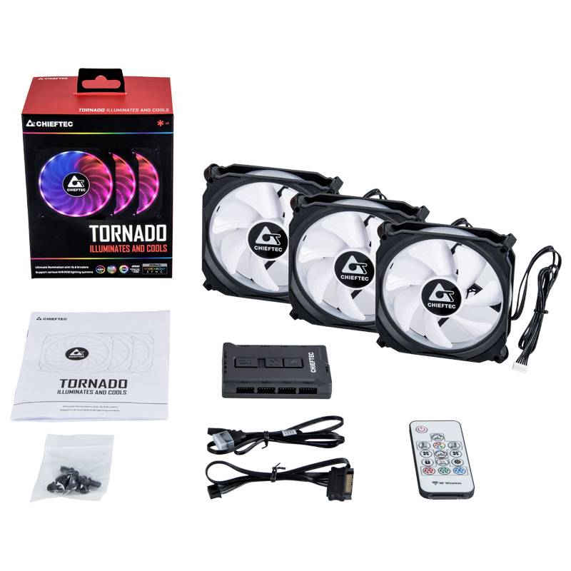 'Drei Computerlüfter mit LED-Beleuchtung, Steuergerät, Fernbedienung, Kabel und Schrauben. Verpackung mit Aufschrift 'Tornado illuminates and cools'.'