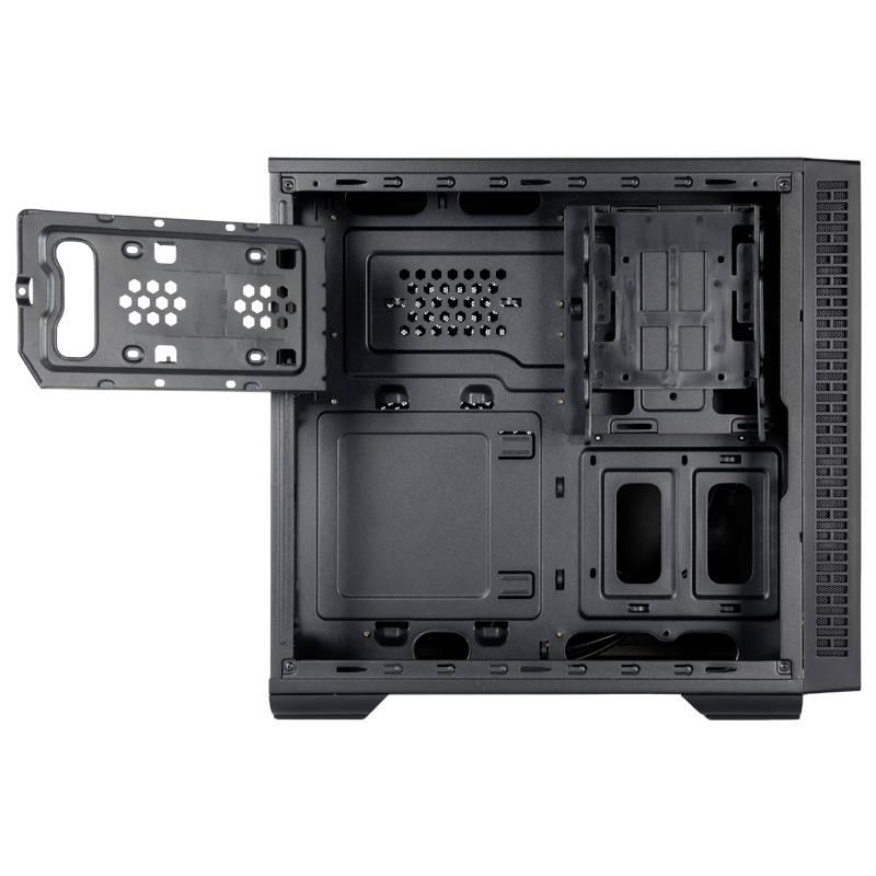 Schwarzes Computergehäuse mit offener Seitenwand zeigt Innenstruktur mit Montageräumen für Hauptplatine, Festplatten und Lufteinlässe.
