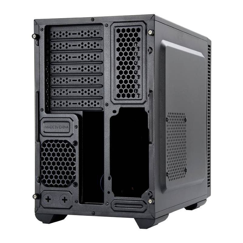 Schwarzes Computergehäuse von hinten mit mehreren Lüftungsschlitzen und Steckplätzen für Erweiterungskarten.