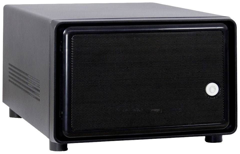 Ein schwarzes, quaderförmiges Computergehäuse mit offenem Frontgitter und einem weißen Einschaltknopf an der Vorderseite.