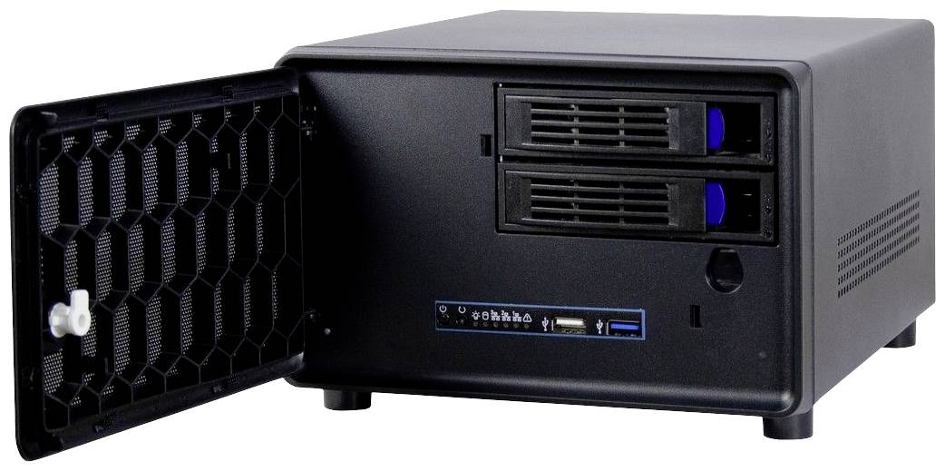 Kompakter schwarzer Computer-Server mit geöffneter Frontabdeckung und zwei sichtbaren Festplattenschächten.