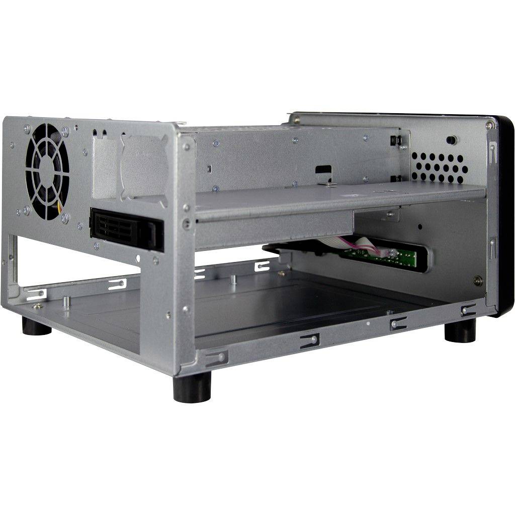 Ein silbernes Metallgehäuse mit zwei Ebenen und einem Lüfter an der Rückseite, geeignet zur Montage von Computerhardware.