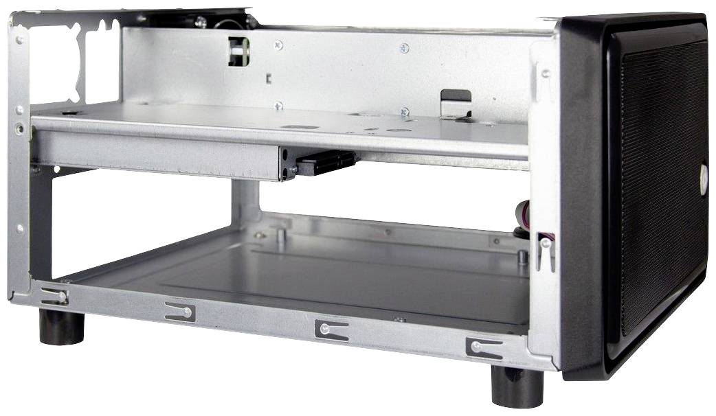 Metallgehäuse eines elektronischen Geräts mit Lüftungsschlitzen und Einschubfach. Geeignet für Computer- oder Mediengeräte.