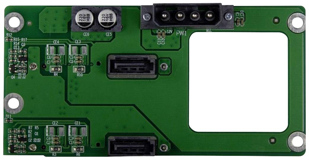 Grüne Leiterplatte mit elektronischen Bauteilen, Anschlüssen und Schraublöchern. Hauptsächlich für technische Anwendungen genutzt.