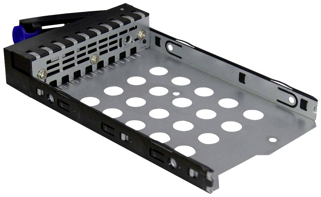 Metallisches Festplatten-Gehäuse mit Lüftungsschlitzen und Schrauben zur Befestigung, geeignet zum Einbau in Computergehäuse.