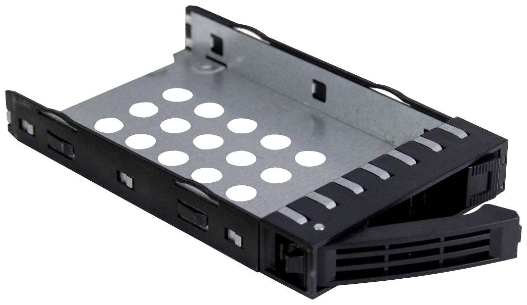 Metallischer Festplattenrahmen mit schwarzen Kunststoffelementen, geeignet zur Installation in Computergehäusen.