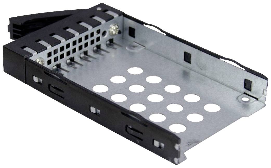 Metallrahmen für 2,5-Zoll-Festplatte mit Belüftungsöffnungen und schwarzen Kunststoffseiten.