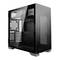 Schwarzes PC-Gehäuse mit durchsichtigem Seitenfenster, zeigt Innenraum für Computerkomponenten. Ideal für DIY-PC-Bau.