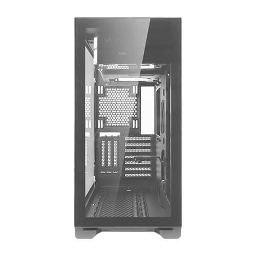 Ein leerer, durchsichtiger Computergehäuse-Turm aus Metall und Glas, frontal fotografiert, zeigt offenen Innenraum und Lüftungsgitter.