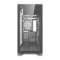 Ein leerer, durchsichtiger Computergehäuse-Turm aus Metall und Glas, frontal fotografiert, zeigt offenen Innenraum und Lüftungsgitter.