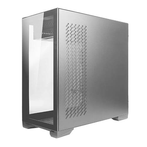 Ein schwarzes Computergehäuse mit Glasfenster an der linken Seite und Lüftungsschlitzen an der rechten Seite, im schlichtem Design.