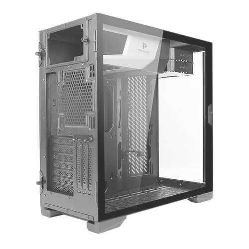 Schwarzes PC-Gehäuse mit transparentem Seitenfenster, das einen Blick auf das Innere ermöglicht. Es hat mehrere Lüfteröffnungen.