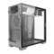Schwarzes PC-Gehäuse mit transparentem Seitenfenster, das einen Blick auf das Innere ermöglicht. Es hat mehrere Lüfteröffnungen.