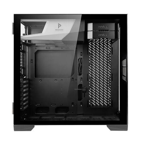 Schwarzes Computergehäuse mit transparentem Seitenteil. Innere Lüfter und Halterungen sichtbar, geeignet für PC-Komponentenmontage.