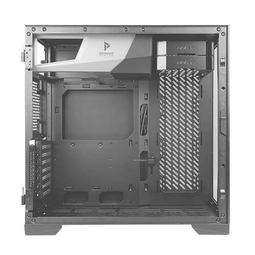 PC-Gehäuse aus Metall mit seitlichem Lüftungsgitter und mehreren Einbauschächten.