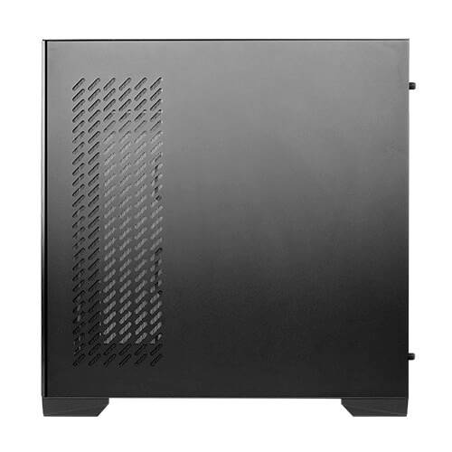 Schwarzes Computer-Gehäuse mit Lüftungsschlitzen an der Seite. Elegantes und minimalistisches Design.