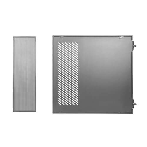 Gehäusepanele: Ein Seitenpanel mit Lüftungsschlitzen und eine schmale Frontplatte in grauem Metall, für einen Computer.